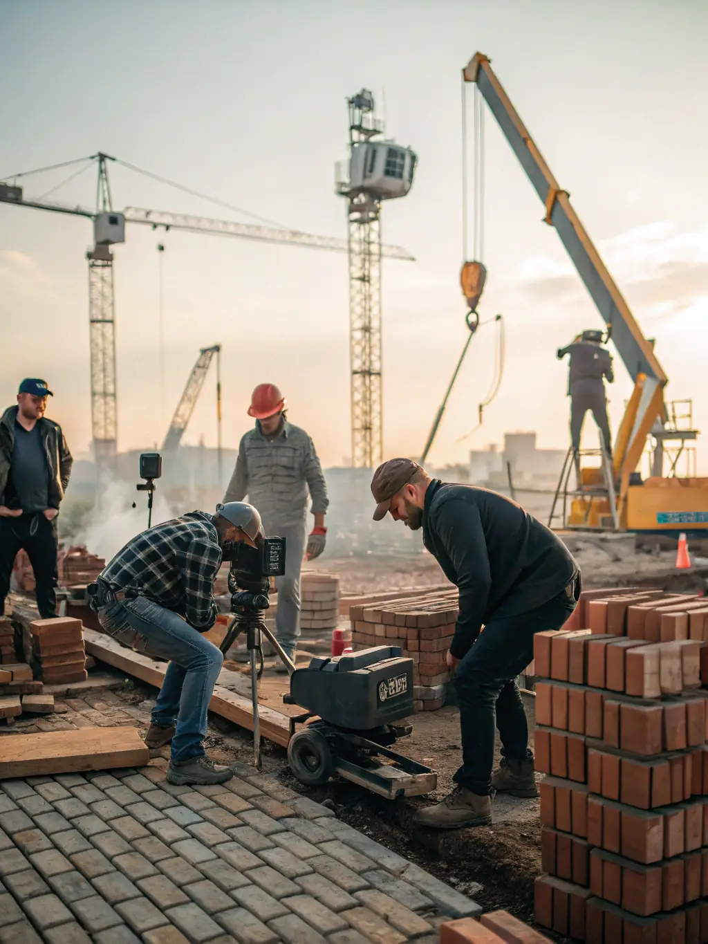 A high-resolution photograph of a construction site with workers actively building a new residential complex, representing a high demand for building materials and skilled labor on the Touba Sources platform.
